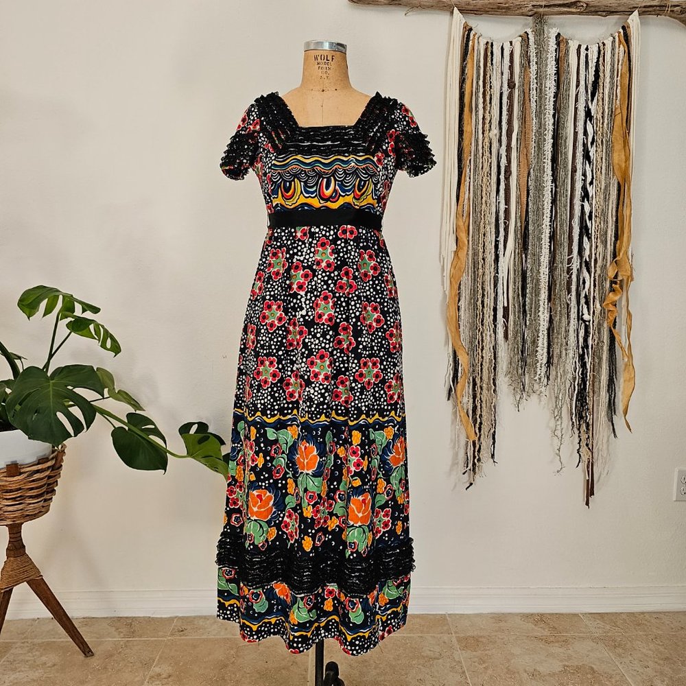 70s Designer Geoffrey Beene Abstract Floral Print High Waste Maxi w/ Pockets - Picture 5 of 7